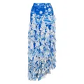 Detailed view of tiered ruffle maxi skirt with blue and white tropical scenic print - One Size / Bottoms / Blue White Print