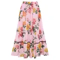 Gedetailleerd overzicht van roze maxi-rok met elegante rozenpatronen en zwarte zoom - Eén maat / Bottoms / Skirts