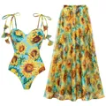Vibrant sunflower print one-piece swimsuit set with matching sheer beach maxi skirt. - S / Top And Bottom / Tie-Up Set / Sky Blue