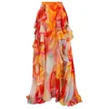 Vue détaillée d'une jupe de plage à volants avec imprimé marbré orange vif pour femmes - Taille unique / Bas / Jaune Orangé