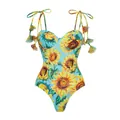 One-piece swimsuit featuring a vibrant sunflower print on a light blue background - S / Tops / Tie-Up Swimsuit / Sky Blue