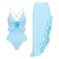Costume da bagno intero azzurro con rosa 3D e gonna da spiaggia con volant - Taglia S / Top E Pantaloni / Blu