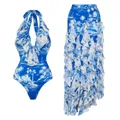 Close-up of elegant blue palm tree print swimsuit set with ruffled maxi beach skirt. - S / Top And Bottom / Halter Neck Set
