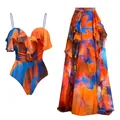Élégant ensemble maillot de bain à volants et jupe longue imprimé orange et bleu - S / Haut Et Bas / Orange Bleu