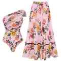 Roze gebloemd badpak met één schouder en bijpassende lange rok set voor strand - S / Boven- En Onderstuk / Eén Schouderset