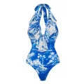 Blue and white one-piece swimsuit with tropical island print and ruffled halter neckline - Halter Swimsuit