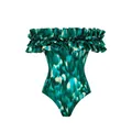 Détail du motif ikat vert sur ce maillot de bain une pièce à volants épaules dénudées - S / Hauts / Bustier Vert Encre