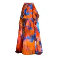 Jupe longue taille haute avec imprimé abstrait orange et bleu et détails à volants. - Taille unique / Bas / Orange Bleu