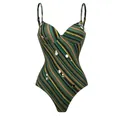 Full front view of one-piece swimsuit featuring colorful stripes and silver sequins - S / Tops / Multicolor Striped