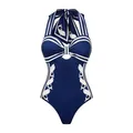 Détail d'un maillot de bain une pièce licou bleu marine avec motifs poissons blancs. - S / Hauts / Maillots de bain / Bleu