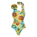 Detail view of blue one-piece swimsuit with vibrant sunflower print and 3D flower. - One Shoulder Swimsuit