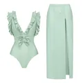 Set mare verde menta con costume intero a volant e gonna lunga con spacco abbinata. - Taglia S / Top E Pantaloni / Verde