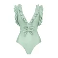 Vue de face du maillot une pièce vert menthe avec épaules à volants et double nœud à la taille - S / Hauts / Vert