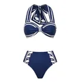 Vue détaillée d'un ensemble bikini licou bleu marine avec motif dauphin nautique et rayures. - S / Haut Et Bas / Bikini Deux Pièces / Bleu