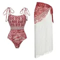Ethnic print one-piece swimsuit paired with a long white fringe tassel sarong skirt - S / Top And Bottom