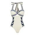 Maillot de bain une pièce blanc style marin avec motif de poisson bleu marine élégant - S / Hauts / Blanc