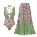 Elegante conjunto de bañador floral verde con falda larga de gasa a juego para playa - S / Top Y Pantalón / Conjunto Halter