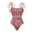 Red and white ethnic print one-piece swimsuit with adjustable beaded tassel shoulder ties - S / Tops