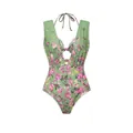 Vista detallada frontal de un bañador de una pieza verde con estampado floral rosa. - S / Tops / Bañador Halter