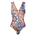Detailed front view of women's one-piece swimsuit with vibrant ethnic tile print - S / Tops / V-Neck Majolica Print