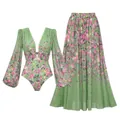 Detalle de bañador verde de manga larga con falda larga de flores a juego de dos piezas - S / Top Y Pantalón / Conjunto de Manga Larga
