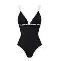Vooraanzicht van een zwart eendelig badpak met witte ringen en schulprand details. - S / Boven- En Onderstuk / Swimwear