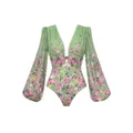 Détail d'un maillot de bain une pièce à fleurs vertes avec des manches bouffantes. - Maillot de Bain Manches Longues