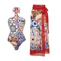 Detailed view of women's ethnic print one-piece swimsuit and matching red sarong set - S / Top And Bottom / Halter Majolica Print
