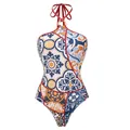 Ethno-Badeanzug mit mediterranem Fliesenmuster und schickem Neckholder-Ring-Detail - S / Oberteile / Halter Majolika Druck