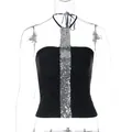 Close-up of black halter bandeau top with central silver sequin panel and pleated detail. - S / Tops / Black