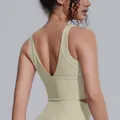 Back view of light khaki high-intensity shockproof sports bra yoga vest for fitness women - S / Tops / Khaki