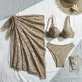 Detail view of beige three-piece crochet lace bikini set with matching beach wrap skirt - S / Top And Bottom / Camel