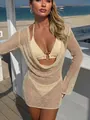 Detailed view of the sequin mesh long-sleeve cover-up and cowl neck bikini set. - Apricot