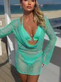 Turquoise sequined mesh three-piece bikini set featuring a cowl neck long sleeve cover-up - Emerald Green