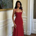 Elegant burgundy sleeveless evening dress with ruched waist and slim fit silhouette - Red