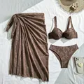 Detailed view of brown lace three-piece bikini set with matching beach sarong skirt - S / Top And Bottom / Dark Brown