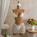 Detailed view of vintage white sequin mesh three-piece bikini set on mannequin - S / Top And Bottom / Apricot (sy003)