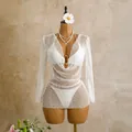Detail showing white sequined mesh texture and cowl neck of long sleeve three-piece swimsuit - S / Top And Bottom / White