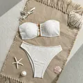 White lace bandeau bikini set with decorative bead center on a textured beach mat. - S / Top And Bottom / Two-Piece Set / Apricot