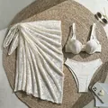 Detailed view of cream lace 3-piece bikini set with matching beach cover-up - S / Top And Bottom / Off White