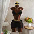 American retro black mesh bikini three-piece set with shimmering sequins on a mannequin - S / Top And Bottom / Black (sy003)