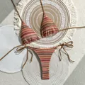 Bohemian striped knit bikini set with tie-side bottoms on decorative woven mats - S / Top And Bottom / Red Brown