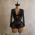 Detail view of black sparkly mesh three-piece bikini set with long sleeves and cowl neck - S / Top And Bottom / Black