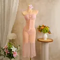 Detailed view of pink crochet beach two-piece set featuring halter bikini and long mesh skirt - S / Top And Bottom / Pink