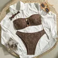 Close-up detail of brown crochet bikini set with high-waisted bottom and bandeau top - S / Top And Bottom / Two-Piece Set / Dark Coffee