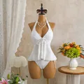 Detailed view of women's white 3D floral textured tankini two-piece swimsuit set. - S / Top And Bottom / White