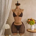 Retro brown three-piece bikini set featuring sequin mesh skirt on a vintage mannequin - XS / Top And Bottom / Coffee (sy003)