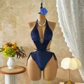 Close-up of a sexy navy blue leopard print hollow-out one-piece swimsuit on a mannequin - XS / Tops / Blue