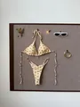 Detailed flat lay of a stylish beige polka dot bikini set with vacation-themed props - S / Top And Bottom / Yellow