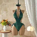 Detailed view of the emerald green leopard print cut-out one-piece swimsuit with side ties. - XS / Tops / Green